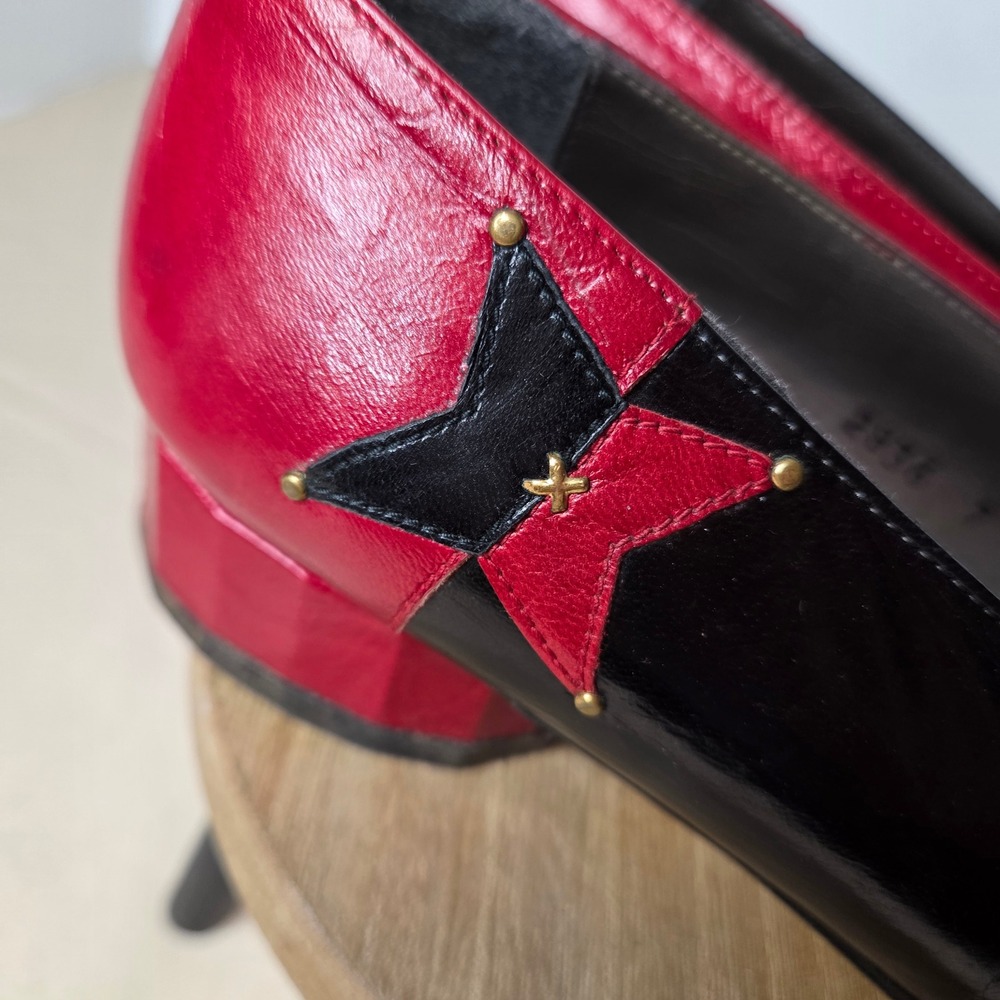 Vintage Margaret J Red Black Leather Star Studded Block Heel Pumps 2836 7M - Picture 4 of 11